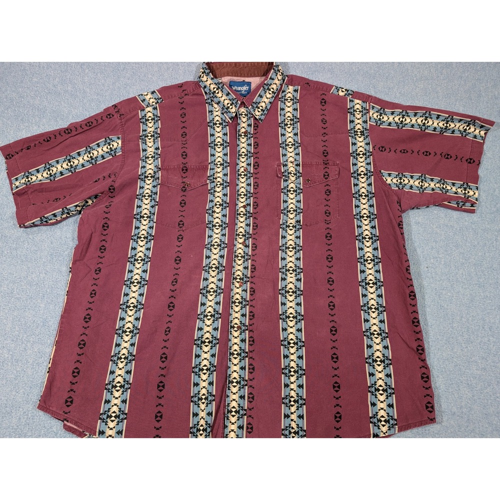 Wrangler Western Shirt Mens XXL Burgundy Aztec Geometric Pearl Snap Short Sleeve